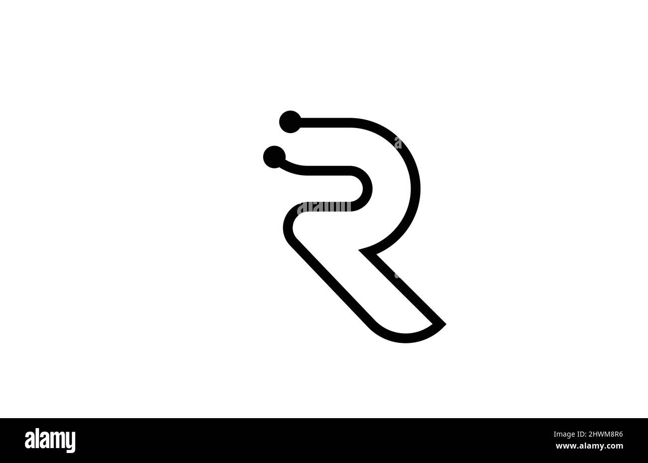 R line black and white alphabet letter logo icon design with dot ...