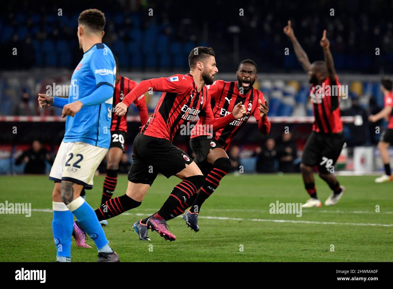 Napoli, Italy. 06th Mar, 2022. Olivier Giroud of AC Milan celebrates after  scoring the goal of 0-1 during the Serie A football match between SSC Napoli  and AC Milan at Diego Armando