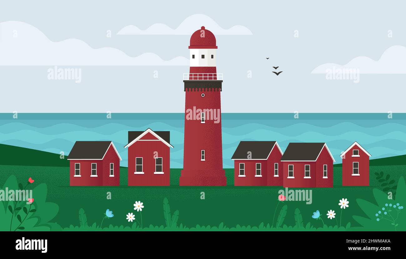 Lighthouse on seashore. Small old buildings and lighthouse on Island seaside. Coastline landscape with beacon. Vector illustration in flat style Stock Vector