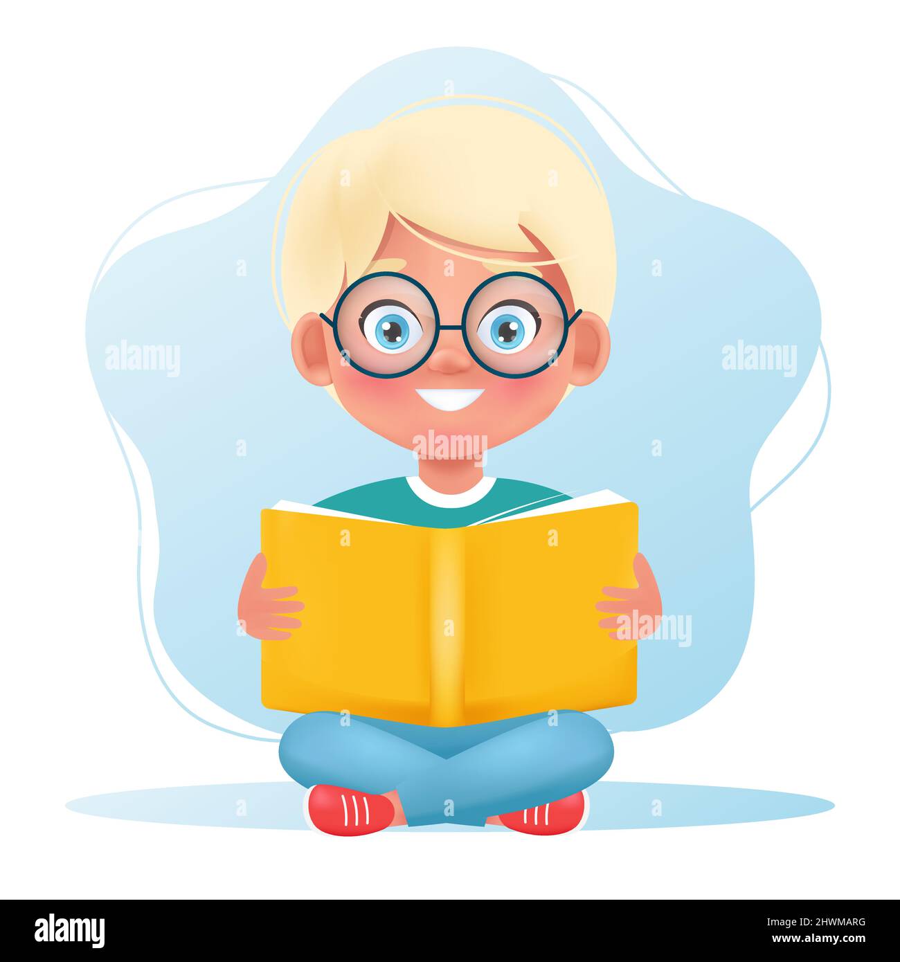Cute little kid holding book in hands. Reading more book, time to learning concept. Vector illustration in cartoon style Stock Vector