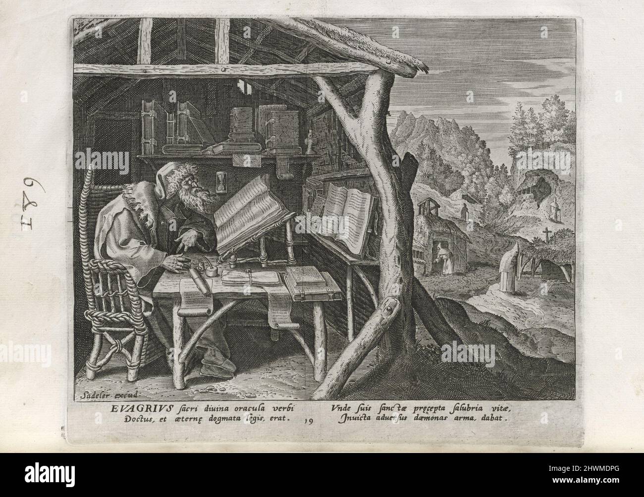 Evagrius, pl. 19 of 29 from the series Solitudo sive vitae patrum eremicolarum (Male Hermits). Engraver: Unknown After: Maarten de Vos, Flemish, 1532–1603Publisher: Johann Sadeler I, Flemish, 1550–1600Publisher: Rafael Sadeler I, Flemish, 1560–1628 Stock Photo