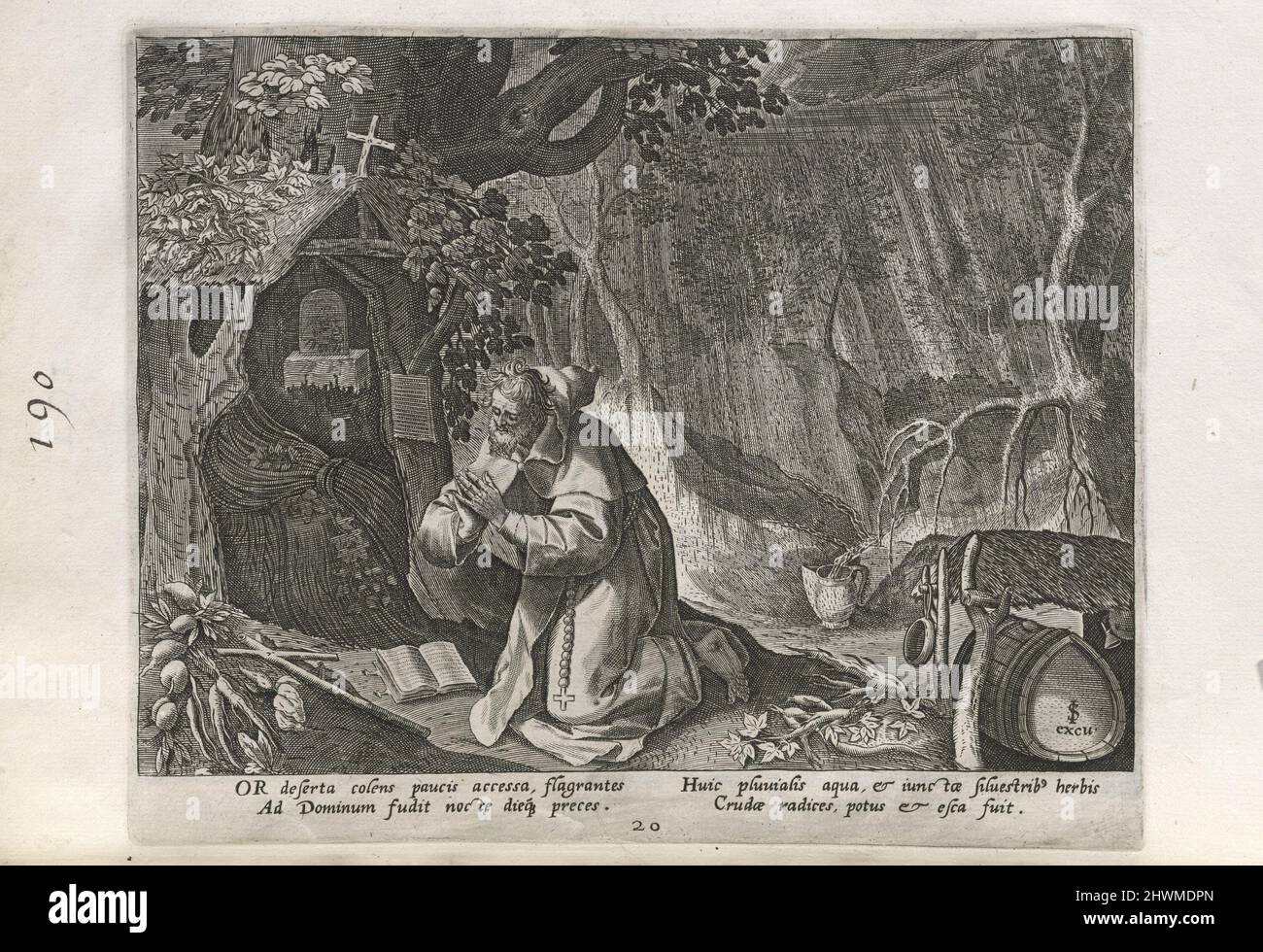 Or, pl. 20 of 29 from the series Solitudo sive vitae patrum eremicolarum (Male Hermits). Engraver: Unknown After: Maarten de Vos, Flemish, 1532–1603Publisher: Johann Sadeler I, Flemish, 1550–1600 Stock Photo