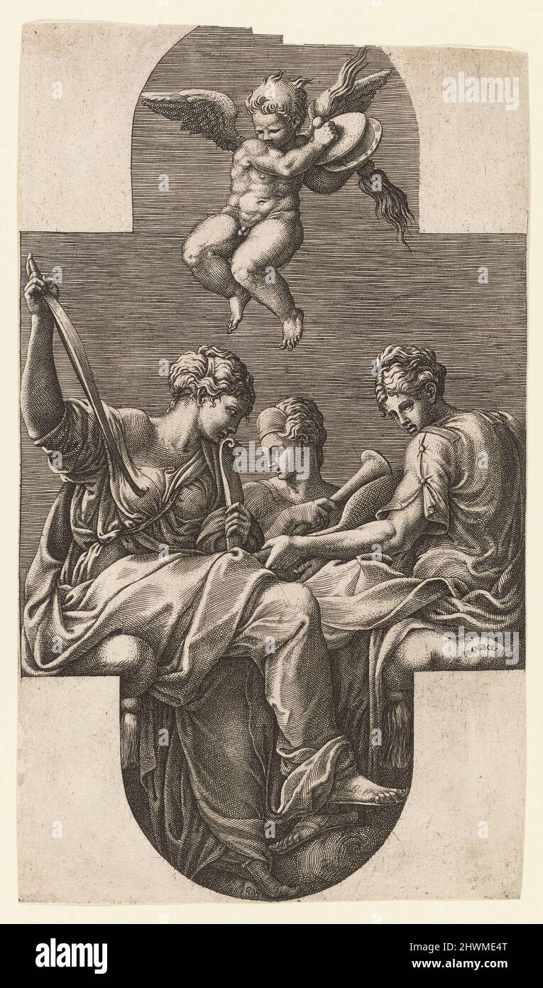Three Muses and a Putto with Cymbals. Engraver: Giorgio Ghisi, Italian, 1520–1582After: Francesco Primaticcio, Italian, 1504–1570 Stock Photo