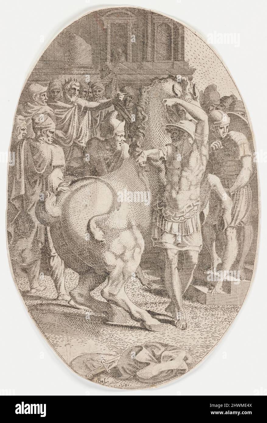 Alexander Mastering Bucephalus. Etcher: Léon Davent, French, active 1540–1556After: Francesco Primaticcio, Italian, 1504–1570 Stock Photo