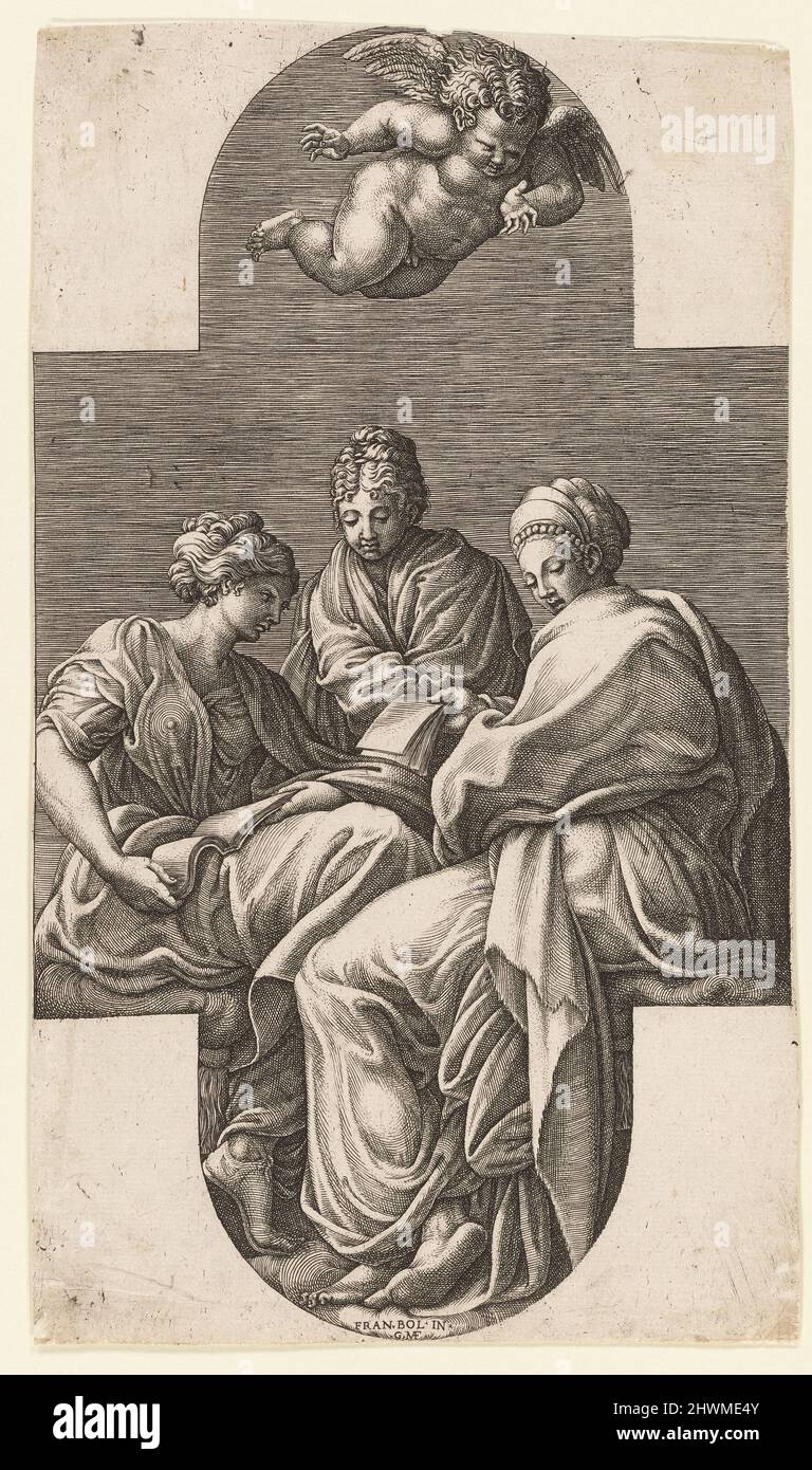 Three Muses and a Gesturing Putto. Engraver: Giorgio Ghisi, Italian, 1520–1582After: Francesco Primaticcio, Italian, 1504–1570 Stock Photo