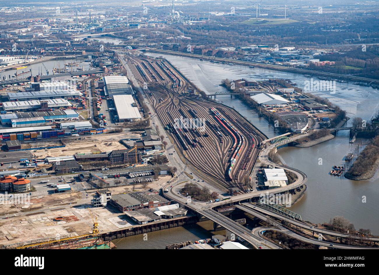 Hamburg, Germany. 05th Mar, 2022. The aerial view shows the port railway  station Alte Süderelbe of the Hamburg Port Authority (HPA). Credit: Daniel  Reinhardt/dpa/Alamy Live News Stock Photo - Alamy