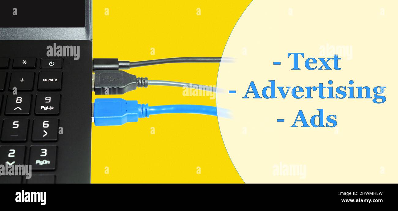 Connecting computers and laptops to the using USB cables. Yellow background with place