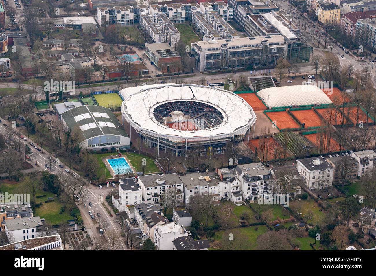 Hamburg, Germany. 05th Mar, 2022. The aerial view shows the tennis stadium  at Rothenbaum in the district of Harvestehude and Rotherbaum. Credit:  Daniel Reinhardt/dpa/Alamy Live News Stock Photo - Alamy