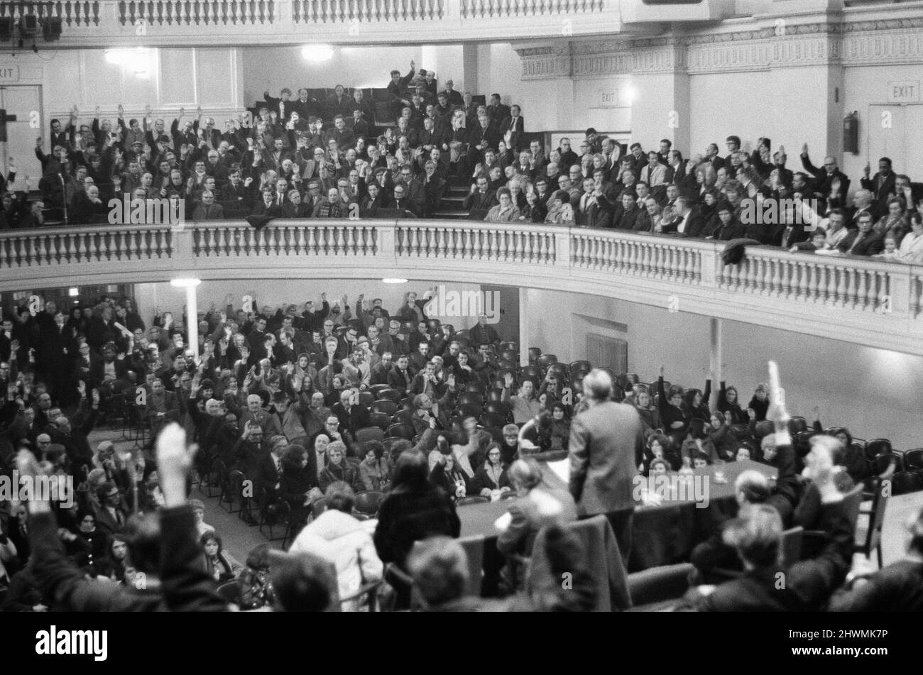 Union of Post Office Workers meeting at Birmingham Town Hall, Birmingham, Monday 1st March 1971. The 1971 postal workers strike was a strike was staged by postal workers between January and March 1971.  The strike was Britain's first national postal strike and began after postal workers demanded a pay rise of 15¿¿20% then walked out after Post Office managers made a lower offer.   The strike began on 20 January and lasted for seven weeks, finally ending with an agreement on Thursday 4 March. Stock Photo
