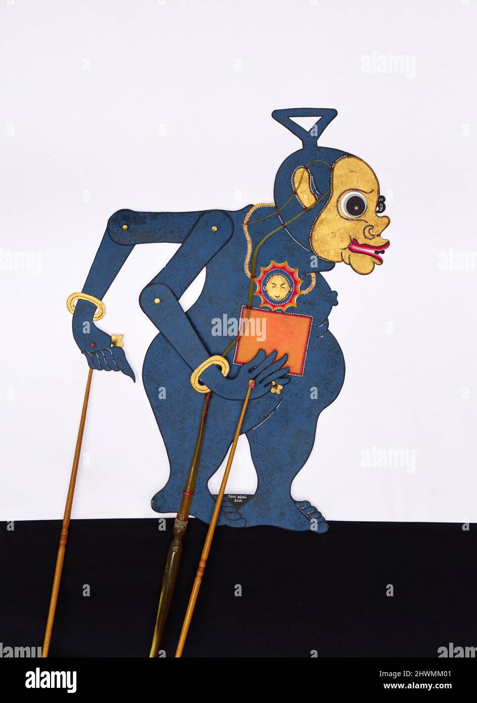Shadow Puppet (Wayang Kulit) of Bagong, Tinkiwinki, or Tinky Winky. Maker: Ki Enthus Susmono, Indonesian, 1966–2018 Stock Photo