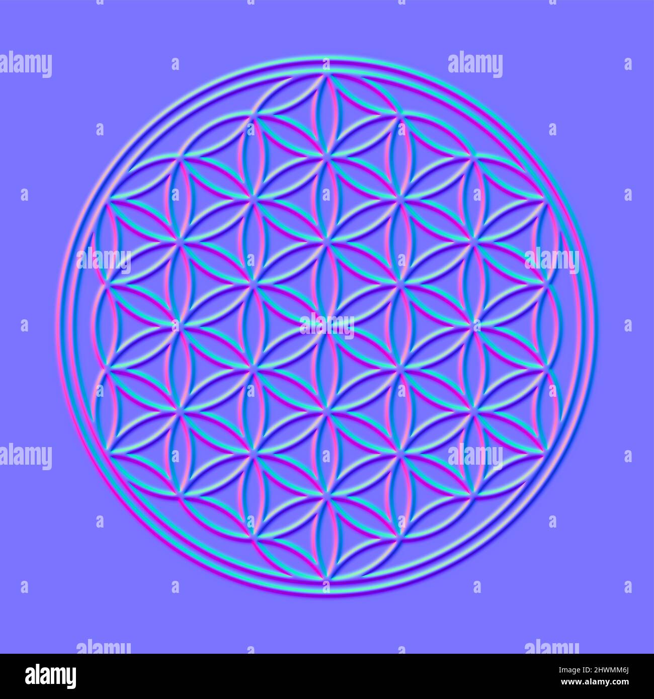 Flower of Life, in cosmic colors. 3D effect, mainly pink and purple colored, created with normal mapping technique. Hexagonal arranged circles. Stock Photo