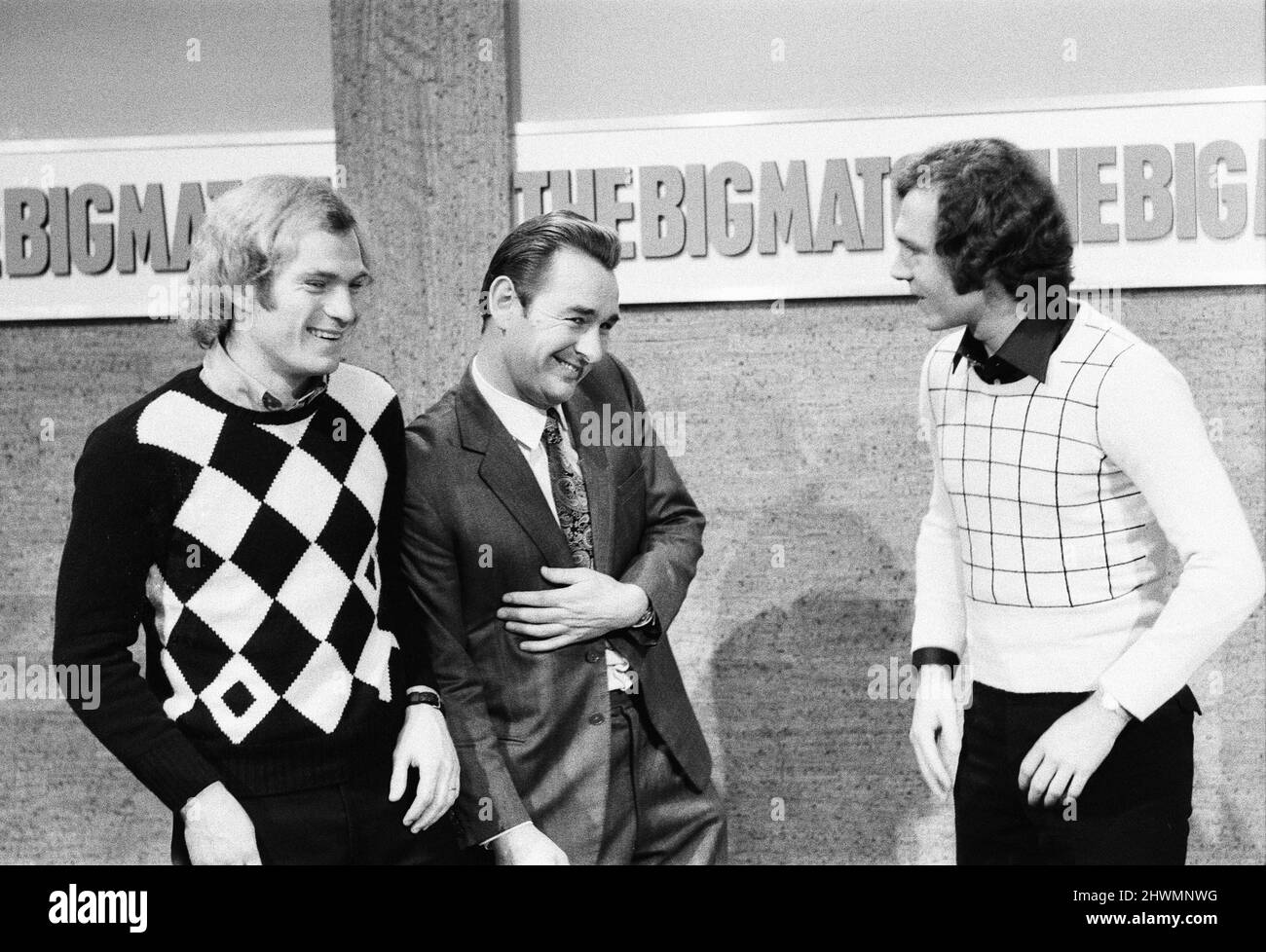 The Big Match, London Weekend Television football programme, guest presented by Brighton & Hove Albion Manager Brian Clough, with West Germany and Bayern Munich guest stars Uli Hoeness and Franz Beckenbauer, who are in the UK for Phil Beal's testimonial at White Hart Lane (Sunday 2nd), pictured in studio, Saturday 1st December 1973. Stock Photo