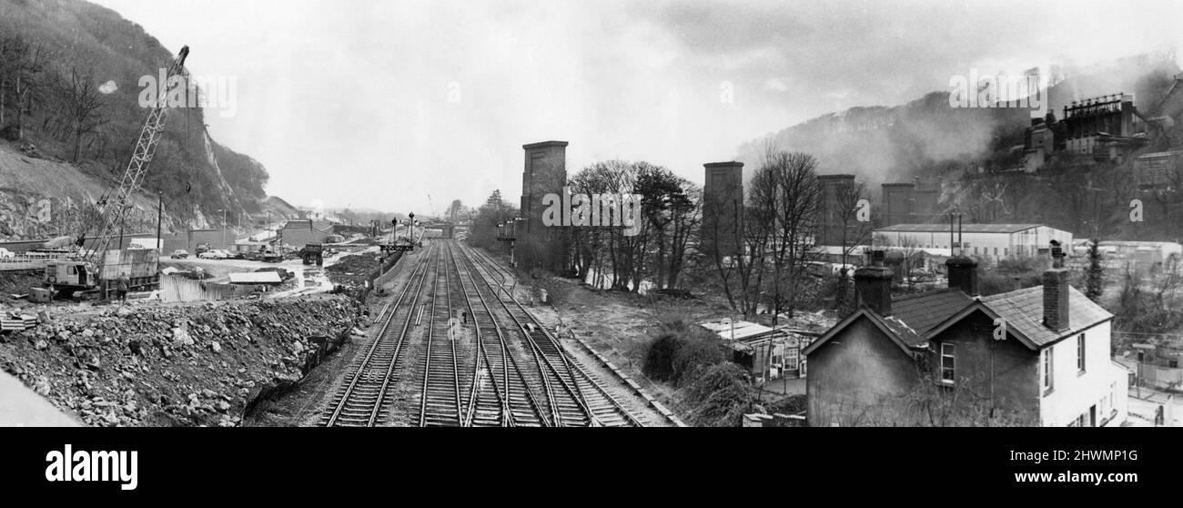 Remains of Walnut Tree Viaduct, a railway viaduct located above the southern edge of the village of Taffs Well, Cardiff, South Wales, Wednesday 17th February 1971. Our Picture Shows ... standing gaunt in the centre of Taff Vale are the remaining pillars of Walnut Tree Viaduct, one pillar has already fallen, to make way for the road. Stock Photo