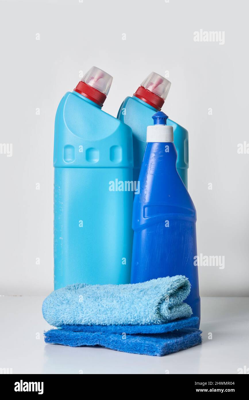 View of Cleaning service concept. Cleaning chemical bottles. cleaning supplies ...
