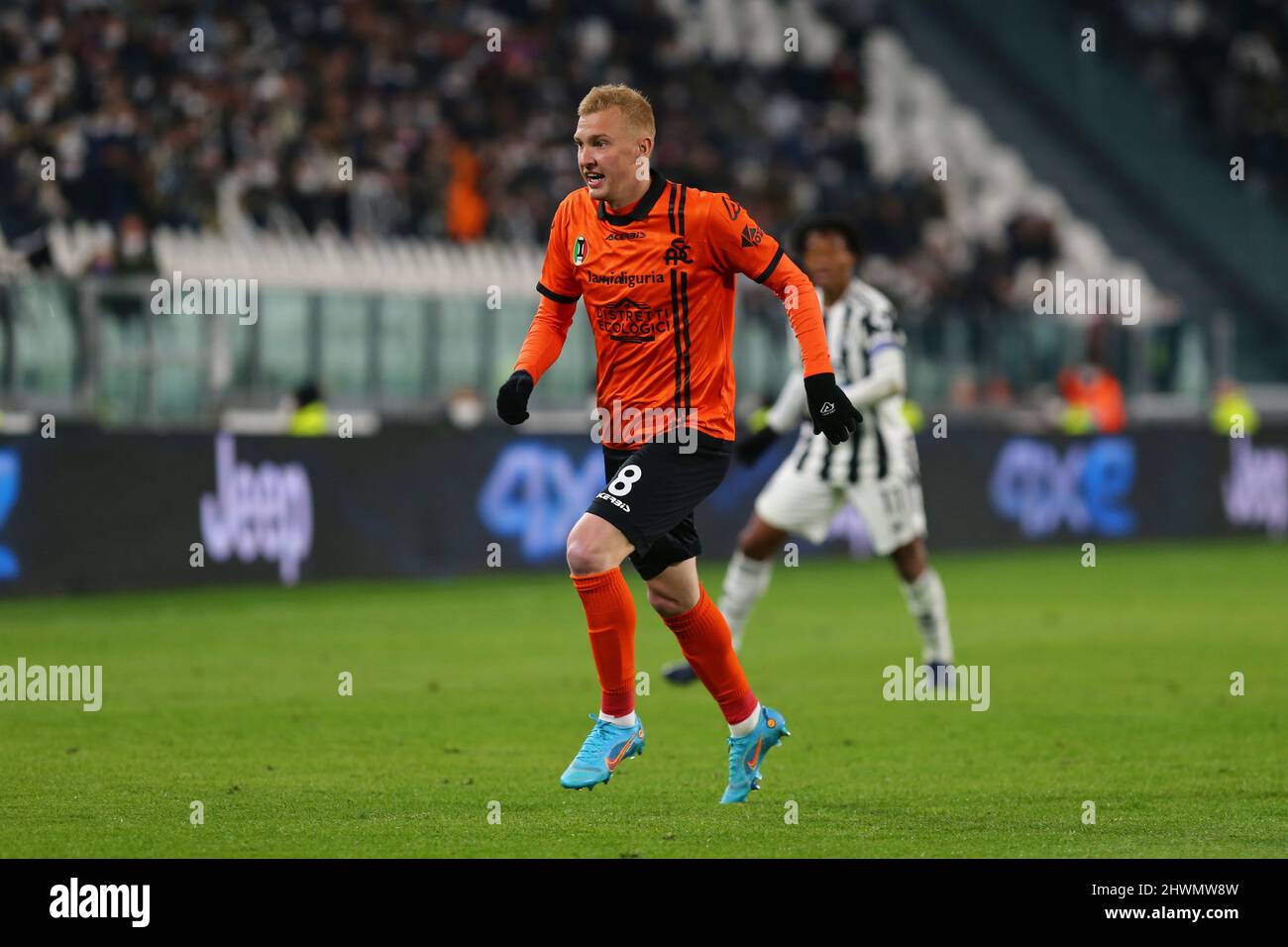 TURIN, ITALY - 06 MARCH 2022. The Ukrainian player Viktor Kovalenko of Spezia Calcio during the match between Juventus FC and Spezia Calcio on March 06, 2022 at Allianz Stadium in Turin, Italy. Credit: Massimiliano Ferraro/Medialys Images/Alamy Live News Stock Photo