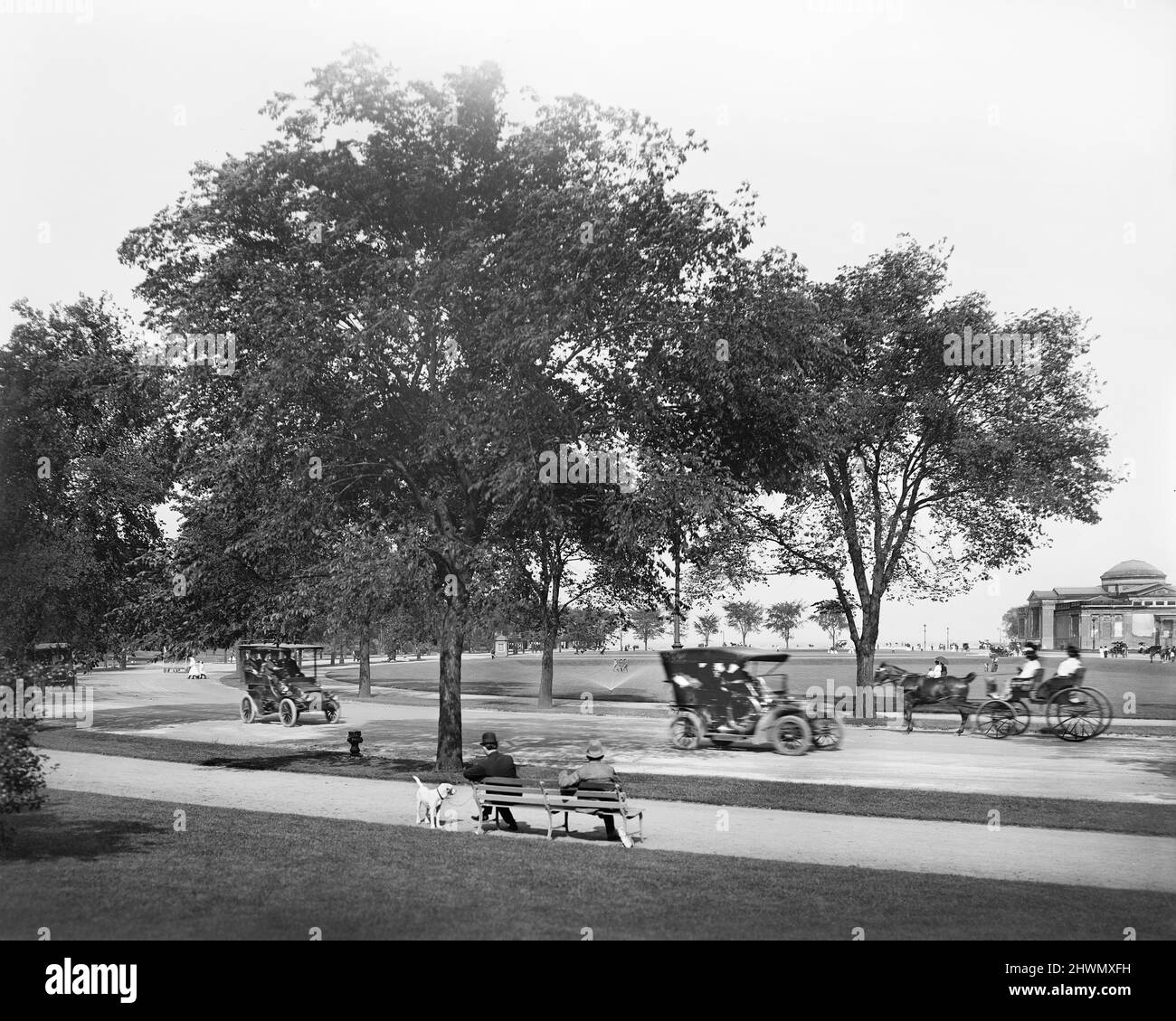 Drive Way through Jackson Park with Palace of Fine Arts (right background), Chicago, Illinois, USA, Detroit Publishing Company, 1910 Stock Photo