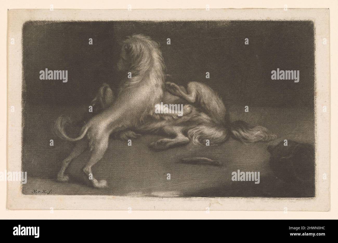 Zwei spielende Hunde (Two Dogs Playing). Printmaker: Nicolaas Verkolje, Dutch, 1673–1746 Stock Photo