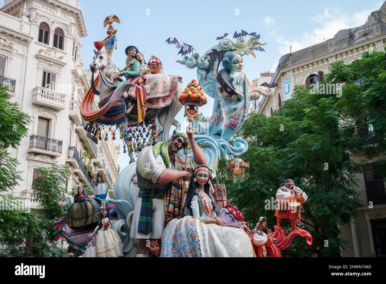 Valencia, Spain - 4 September 2021: Large paper mache sculpture displaying traditional celebration elements of the festival Fallas Stock Photo