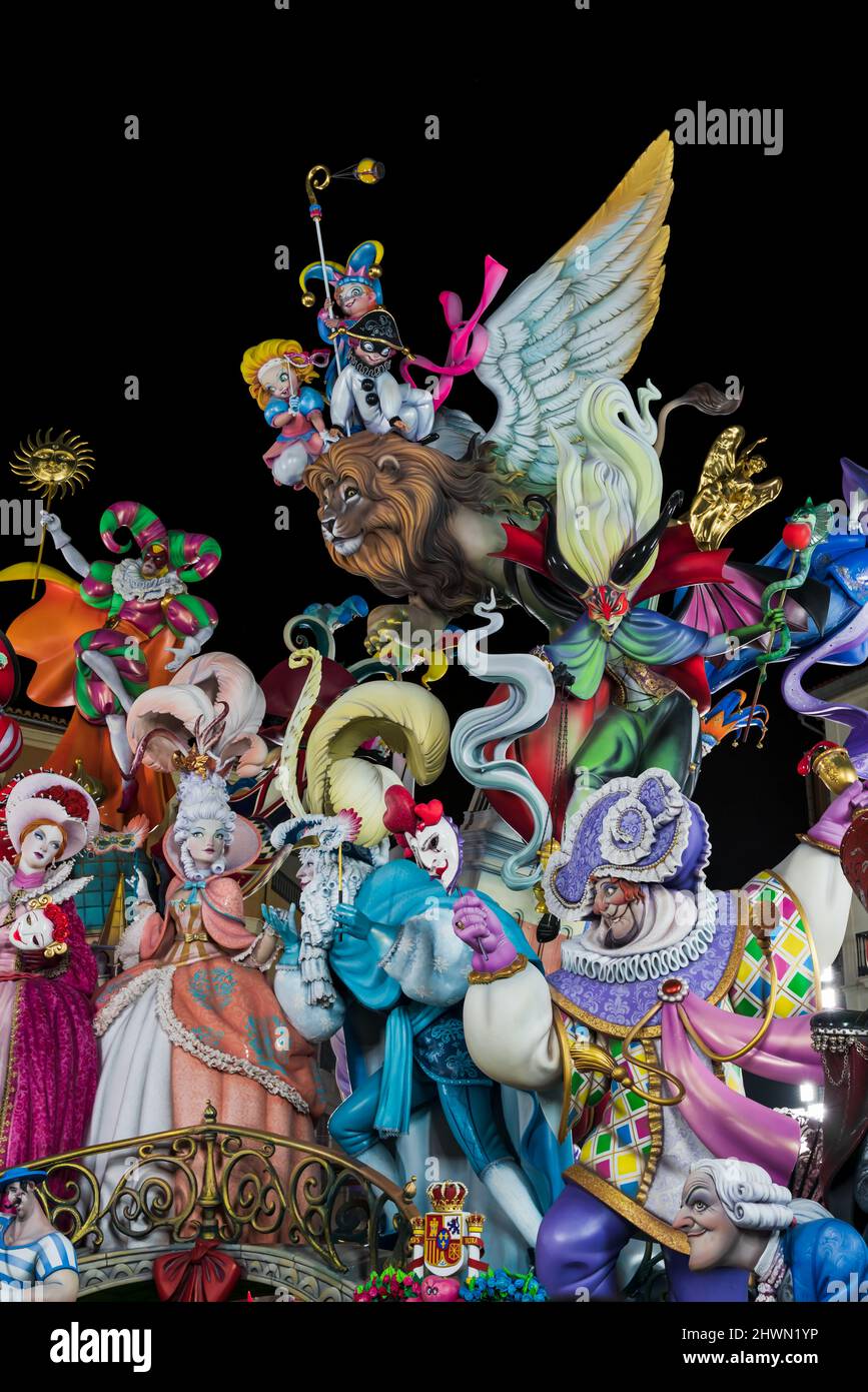 Valencia, Spain - 4 September 2021: Colorful ensemble of figures at the Fallas display, years winning work with the topic 'Venice fantasy' by the arti Stock Photo