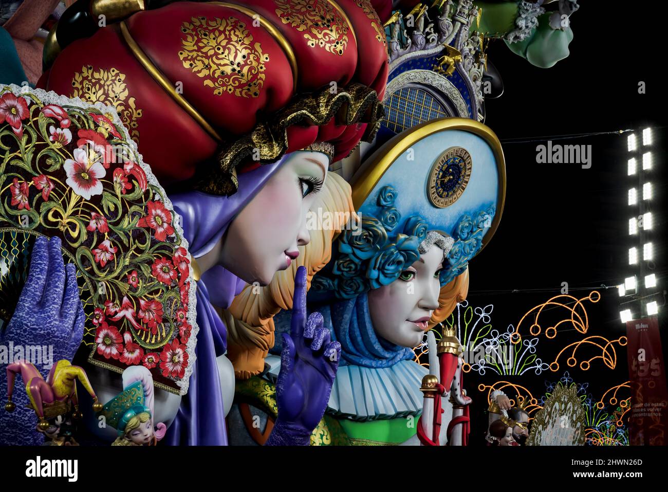 Valencia, Spain - 4 September 2021: Detail of Fallas figurines, years winning work with the topic 'Venice fantasy' by the artist Pere Baenas at Conven Stock Photo