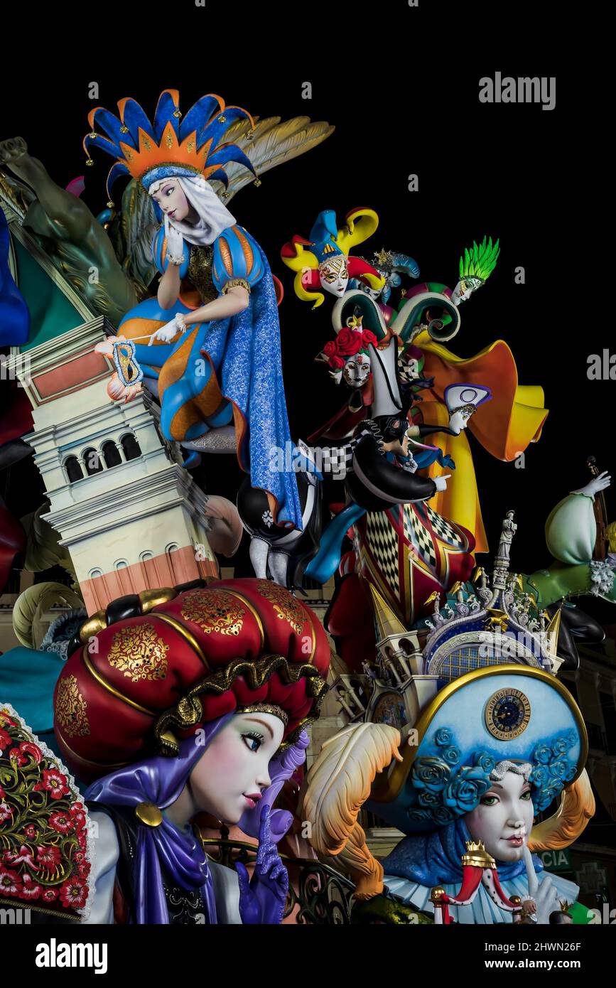 Valencia, Spain - 4 September 2021: Fallas paper mache display at night, years winning work with the topic 'Venice fantasy' by the artist Pere Baenas Stock Photo