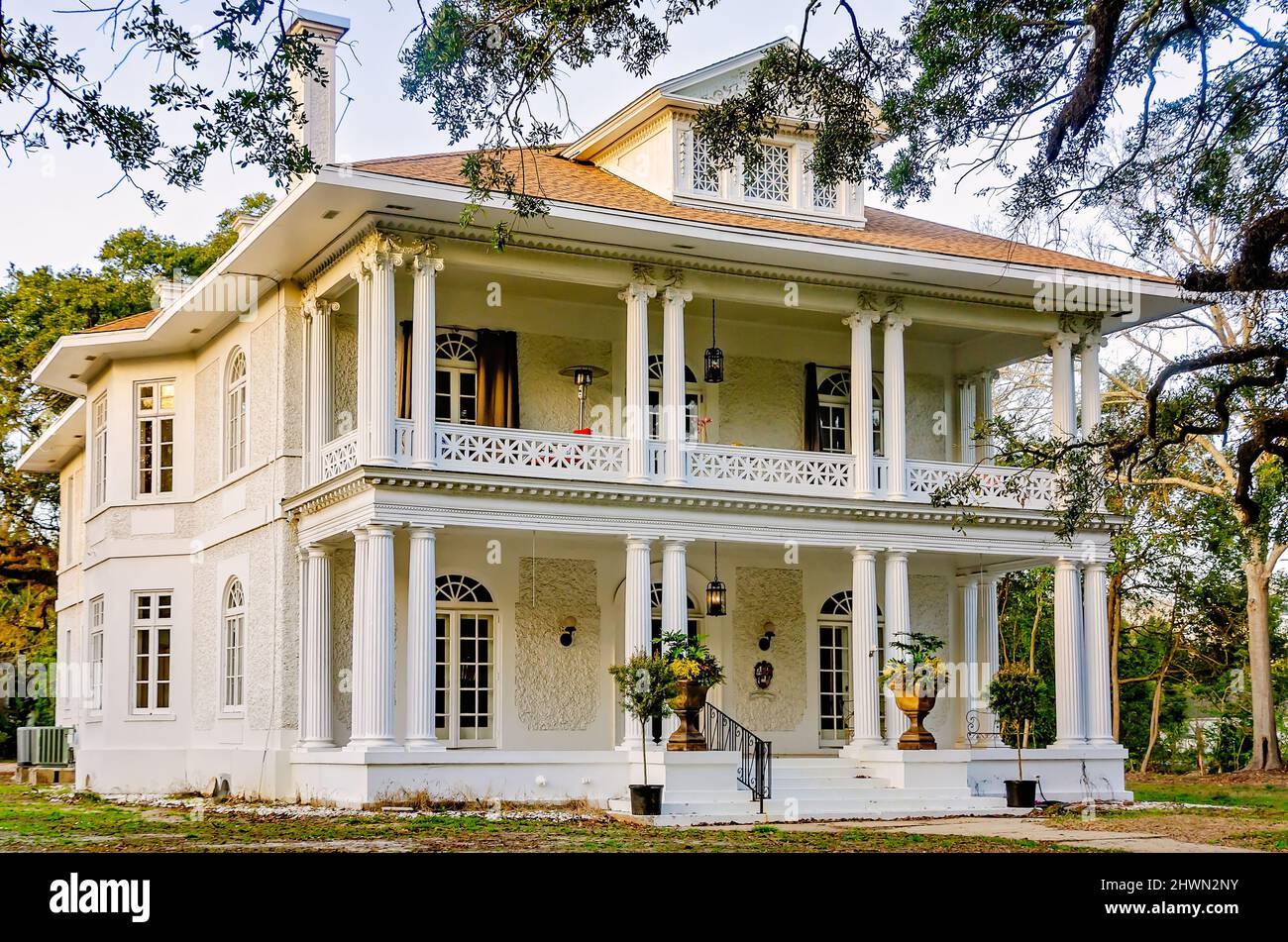 Three Oaks, a 1911 Spanish Colonial Mansion, is pictured on Government Street, March 5, 2022, in Mobile, Alabama. Stock Photo
