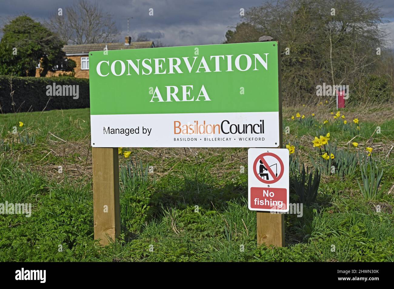 New Conservation Area sign erected near London Road in Wickford Essex UK. Anglers have fished here for several years. New sign shows 'No Fishing'. Stock Photo