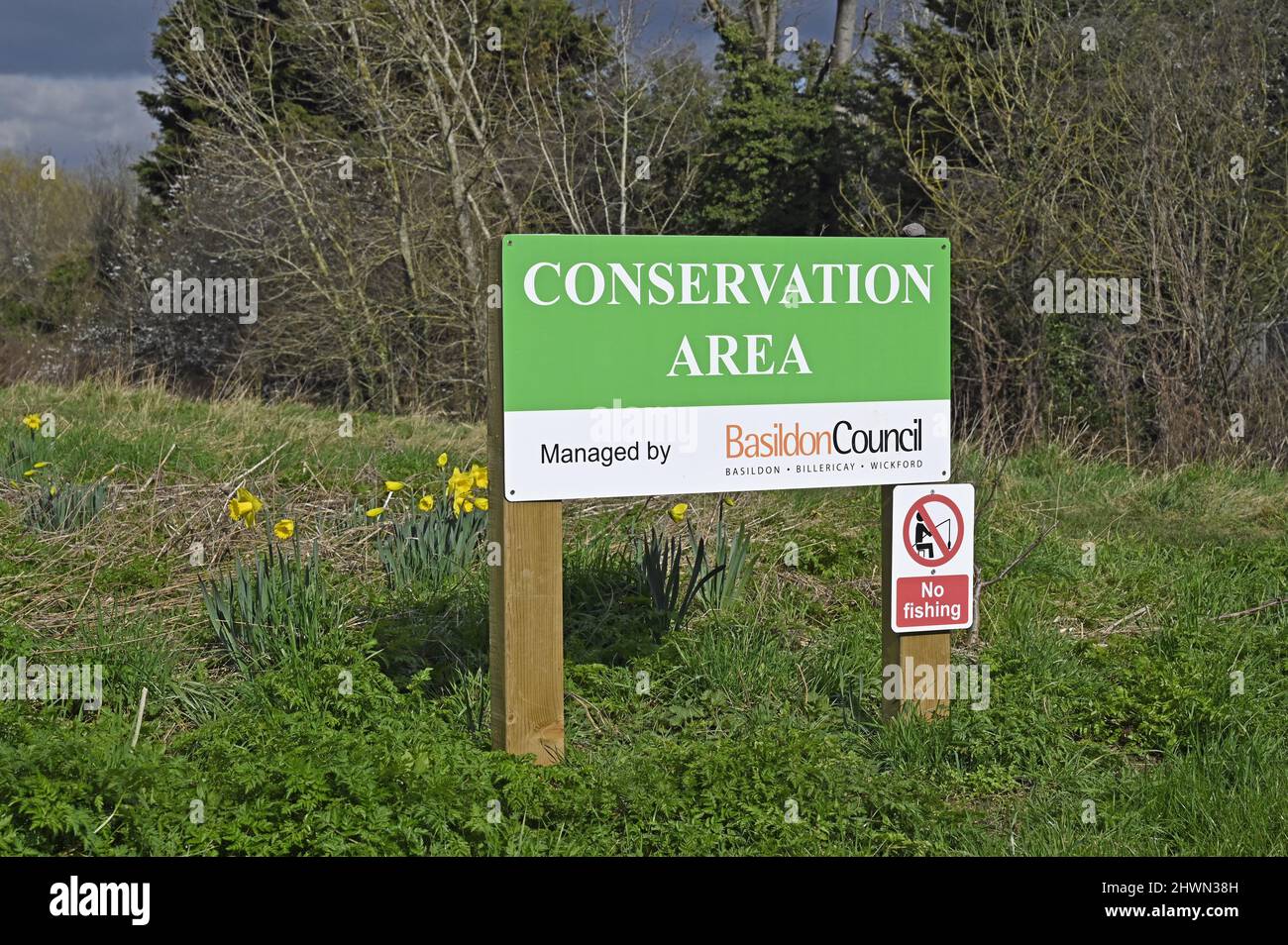 New Conservation Area sign erected near London Road in Wickford Essex UK. Anglers have fished here for several years. New sign shows 'No Fishing'. Stock Photo