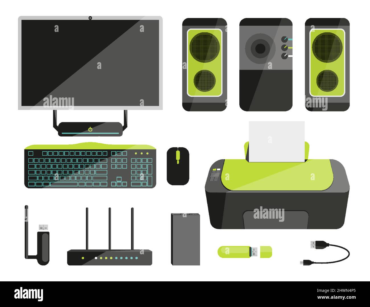 Desktop computer accessories office equipment flat set. Monoblock
