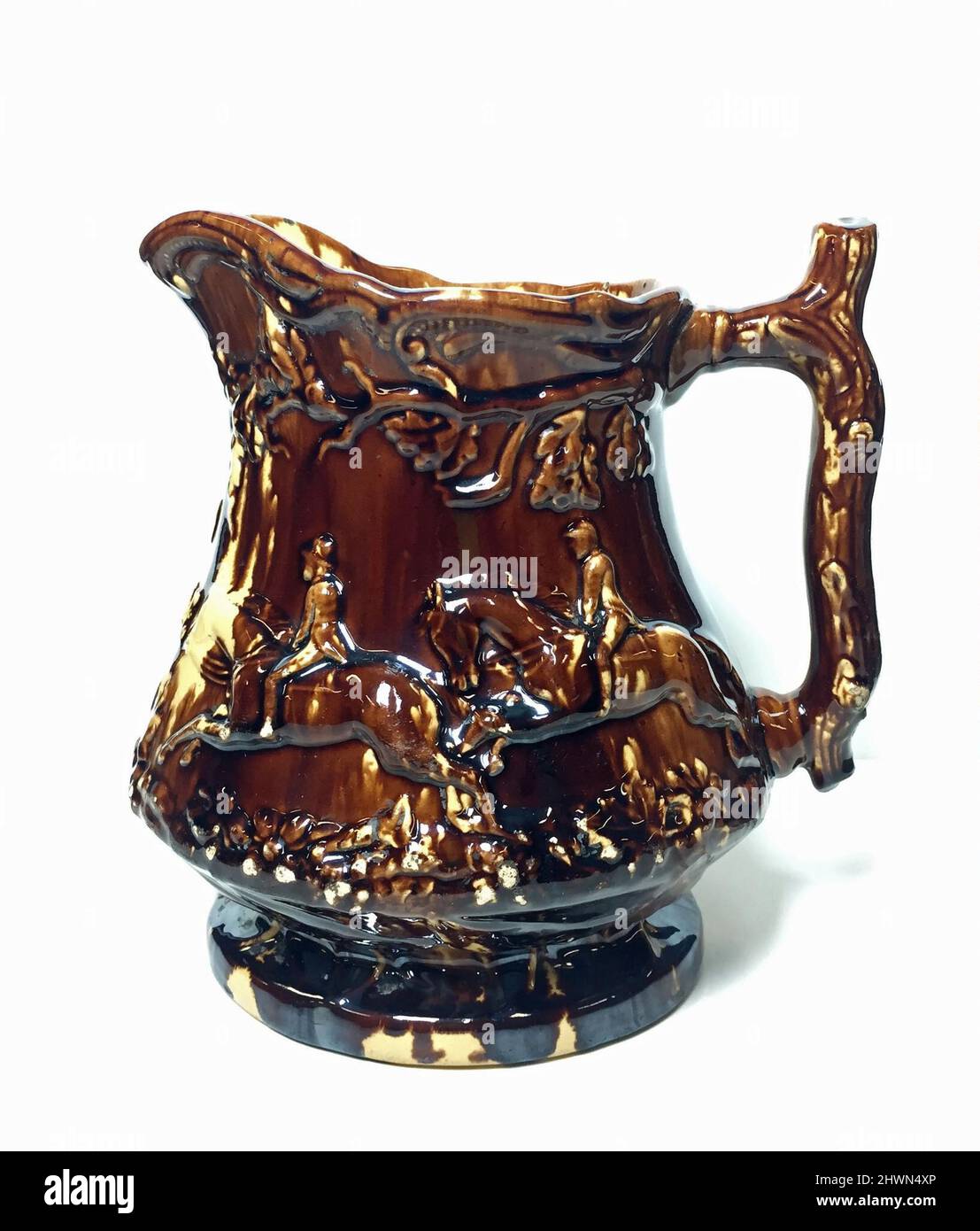 Pitcher. Designer: Charles Coxon, British, 1805–1868Maker: Swan Hill Pottery, ca. 1849–1860Maker, formerly attributed to: Abraham Cadmus, active 1849, died 1854 Stock Photo