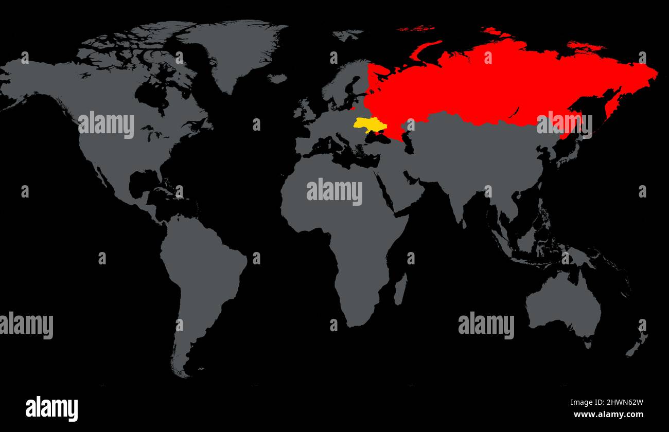 Russia and Ukraine on World map. Territory of Russia and Ukraine in Eurasia on dark outline map. Concept of Russian-Ukrainian war, geographic and poli Stock Photo