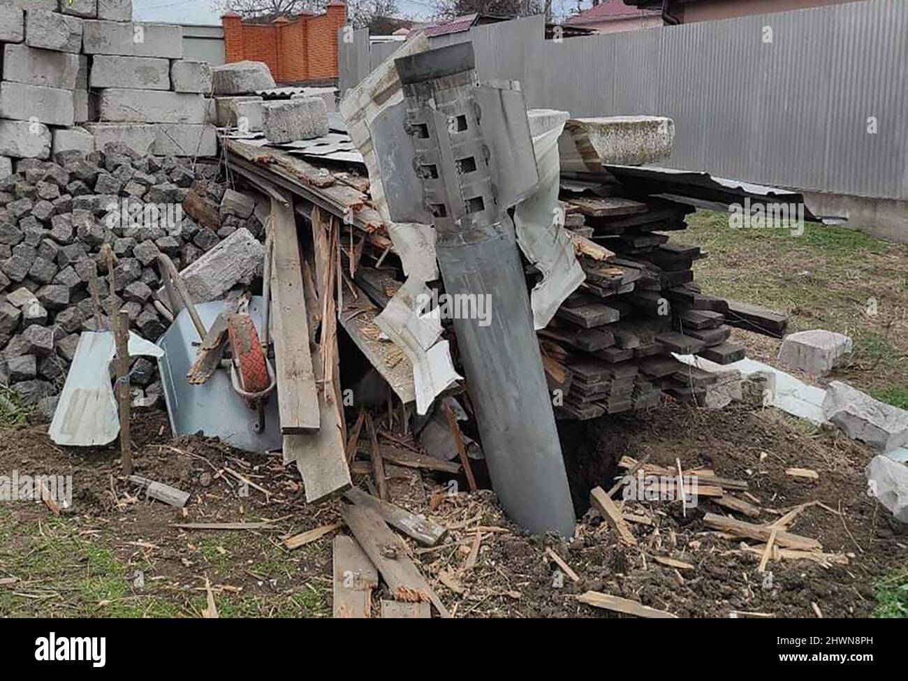 Mykolaiv, Ukraine. 06th Mar, 2022. Police and security personnel (not see)inspect the remains of a military weapon on a street Mykolaiv, southern Ukraine, on Sonday on March 6, 2022. photo by State Emergency Services Of Ukraine/ Credit: UPI/Alamy Live News Stock Photo