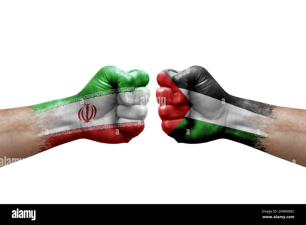 Two hands punch to each others on white background. Country flags painted fists, conflict crisis concept between iran and palestine Stock Photo