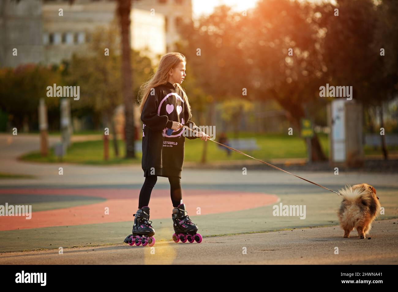 girl rollerblading with a dog in the park Stock Photo