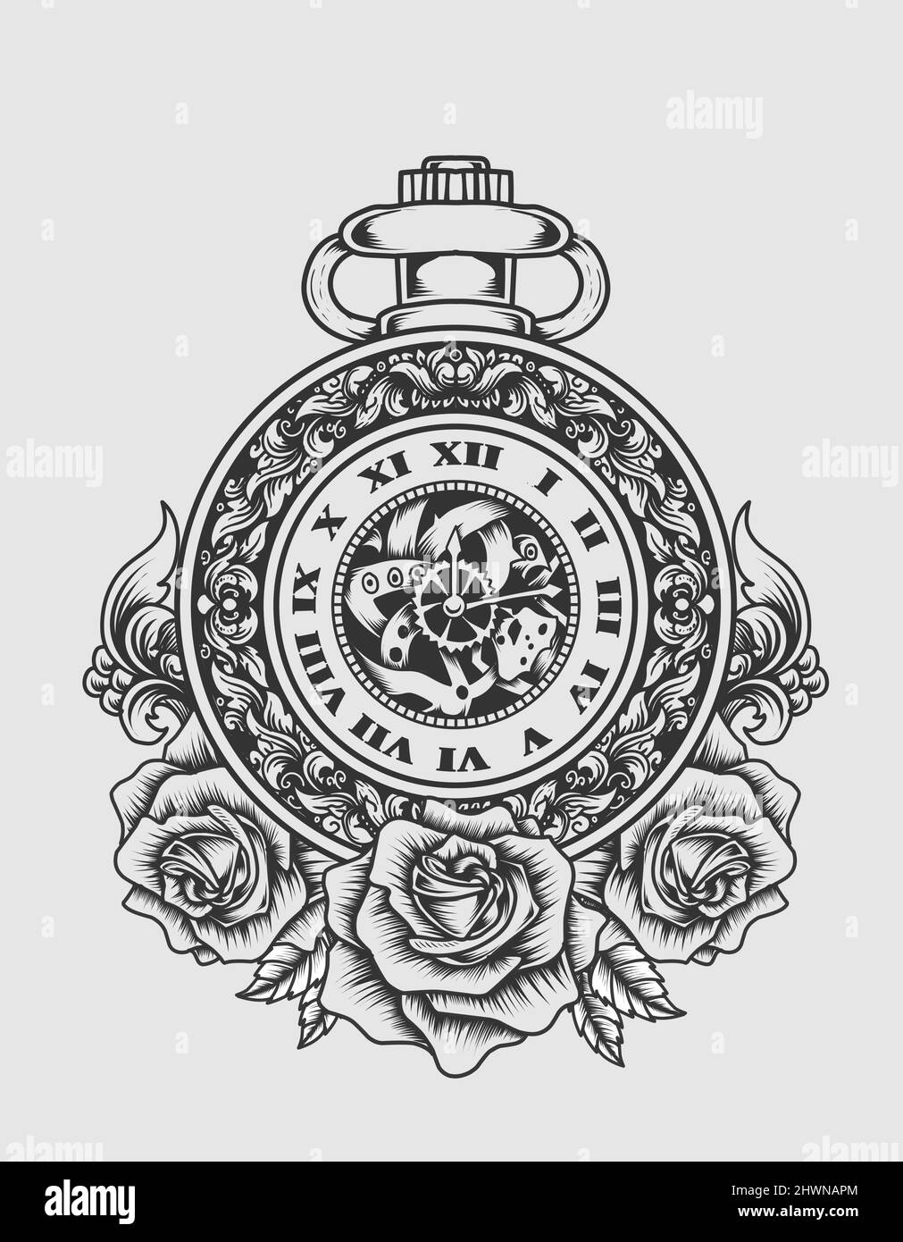illustration vector antique clock with rose flower Stock Vector Image ...