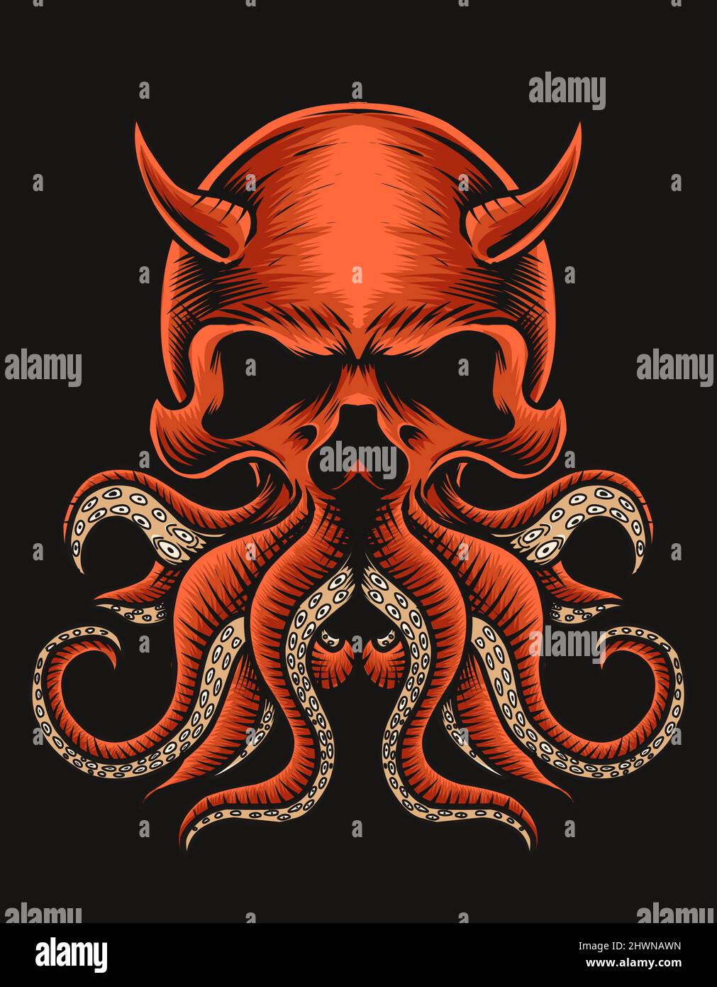 illustration vector skull octopus on black background Stock Vector