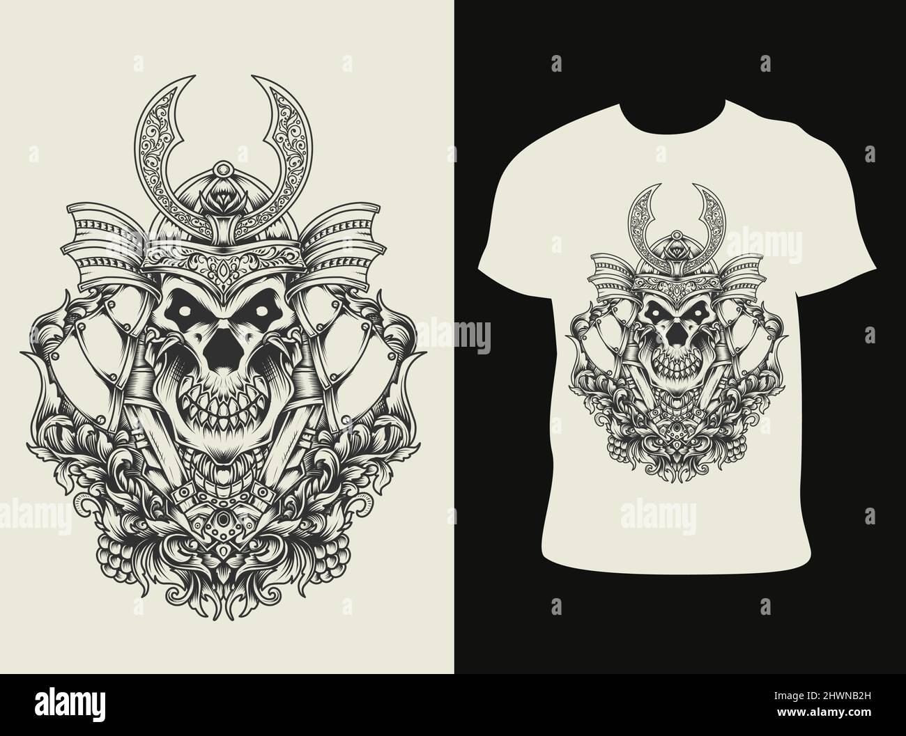 illustration vector samurai skull head with engraving ornament Stock ...