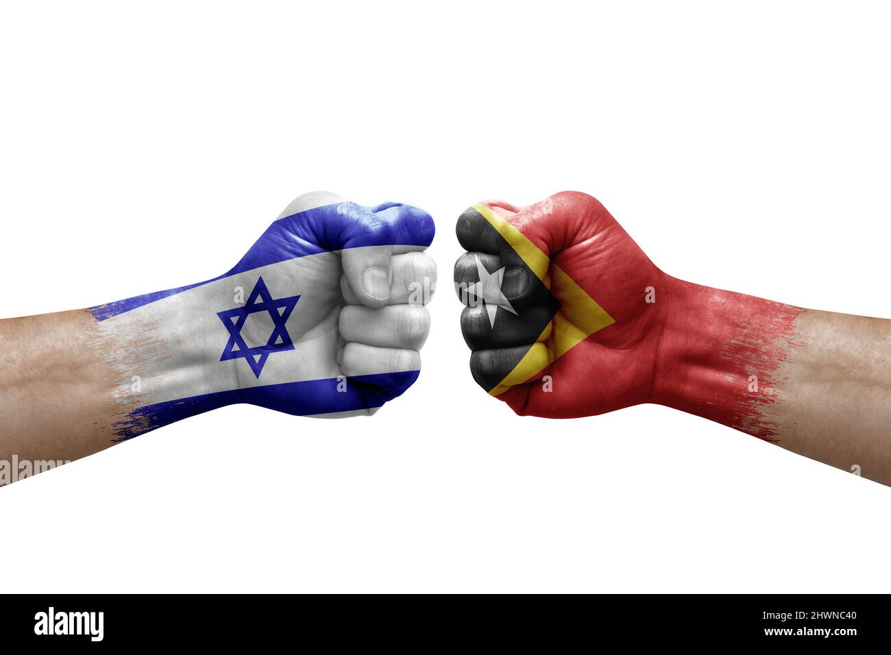 Two hands punch to each others on white background. Country flags
