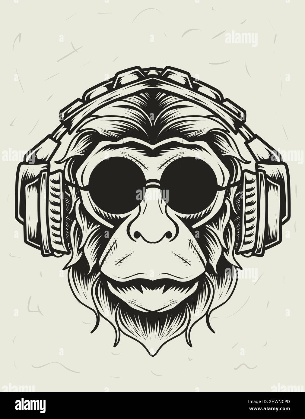 illustration vector monkey headphones head monochrome style Stock Vector