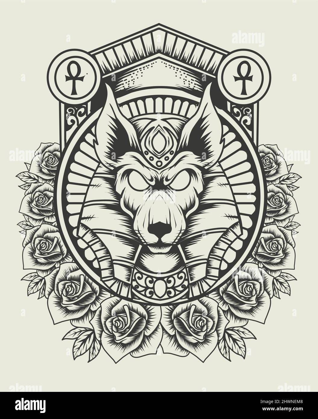 Illustration vector Ancient Egypt Anubis god with vintage rose ornament ...