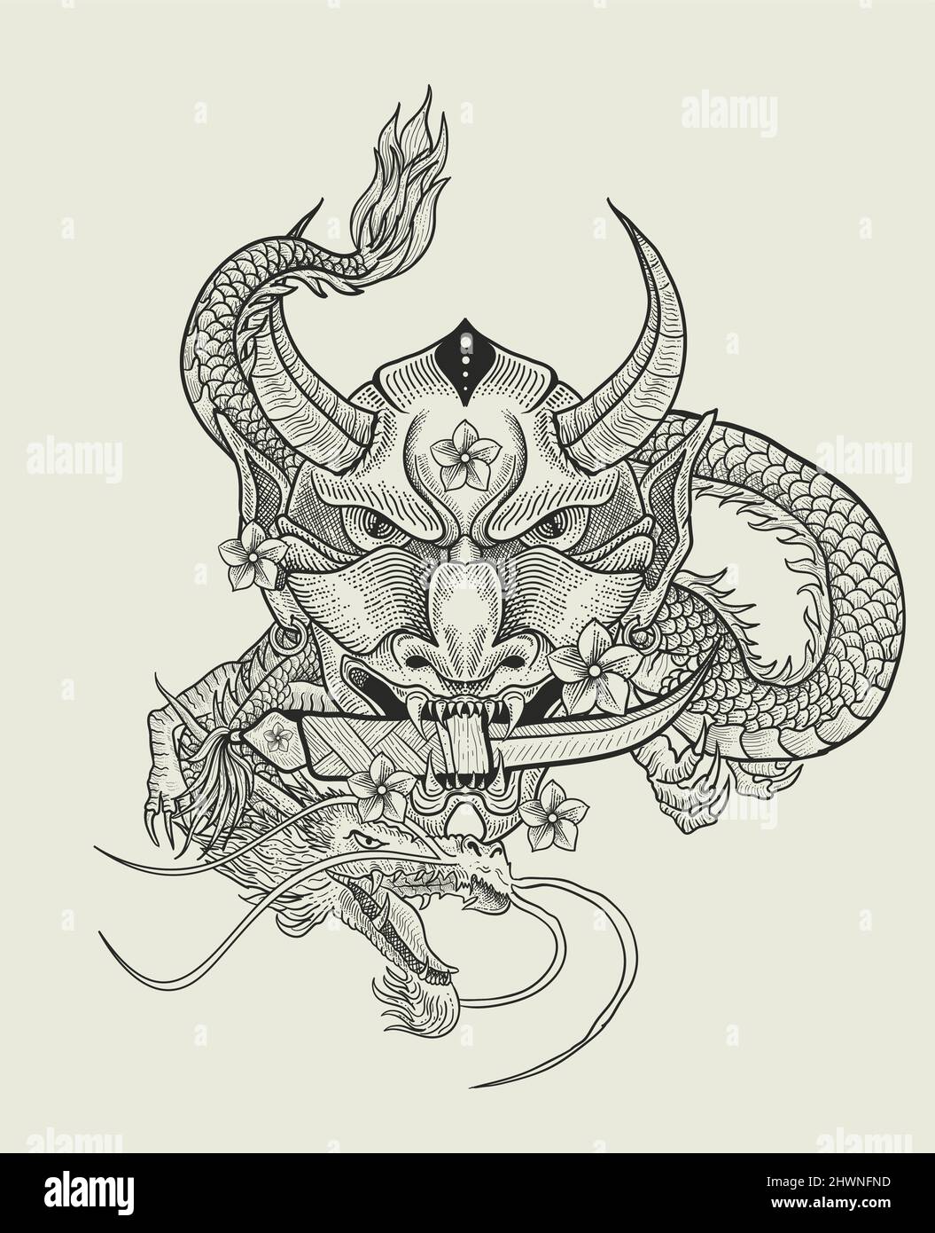 illustration vector oni mask with Dragon Stock Vector