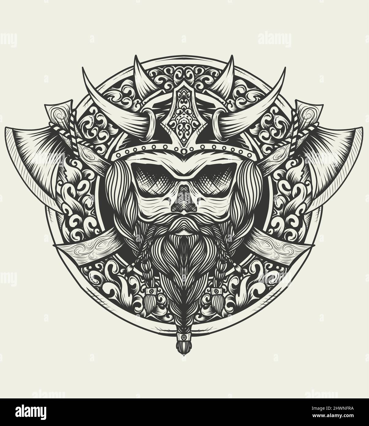 illustration vector viking head with two axe monochrome style Stock Vector