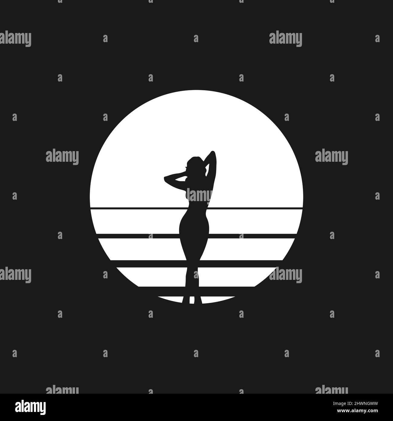 Retrowave sun 1980s style with the sexy woman silhouette. Black and white striped sun with hot woman silhouette. Design element for retrowave style Stock Vector