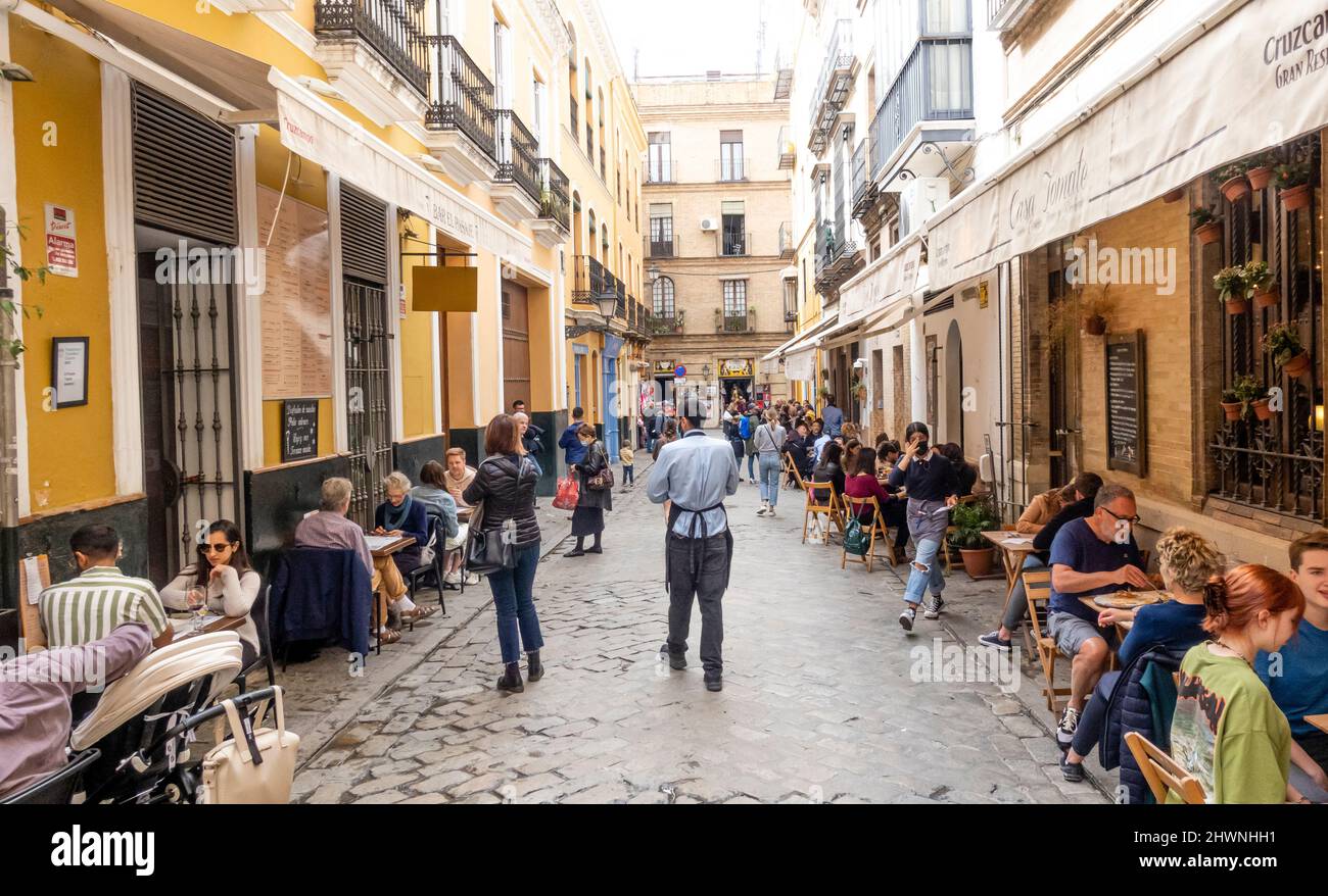 El Pasaje modern tapas bar serving meat & seafood plates, with a courtyard. Barrio de Santa Cruz, Seville, Spain Stock Photo