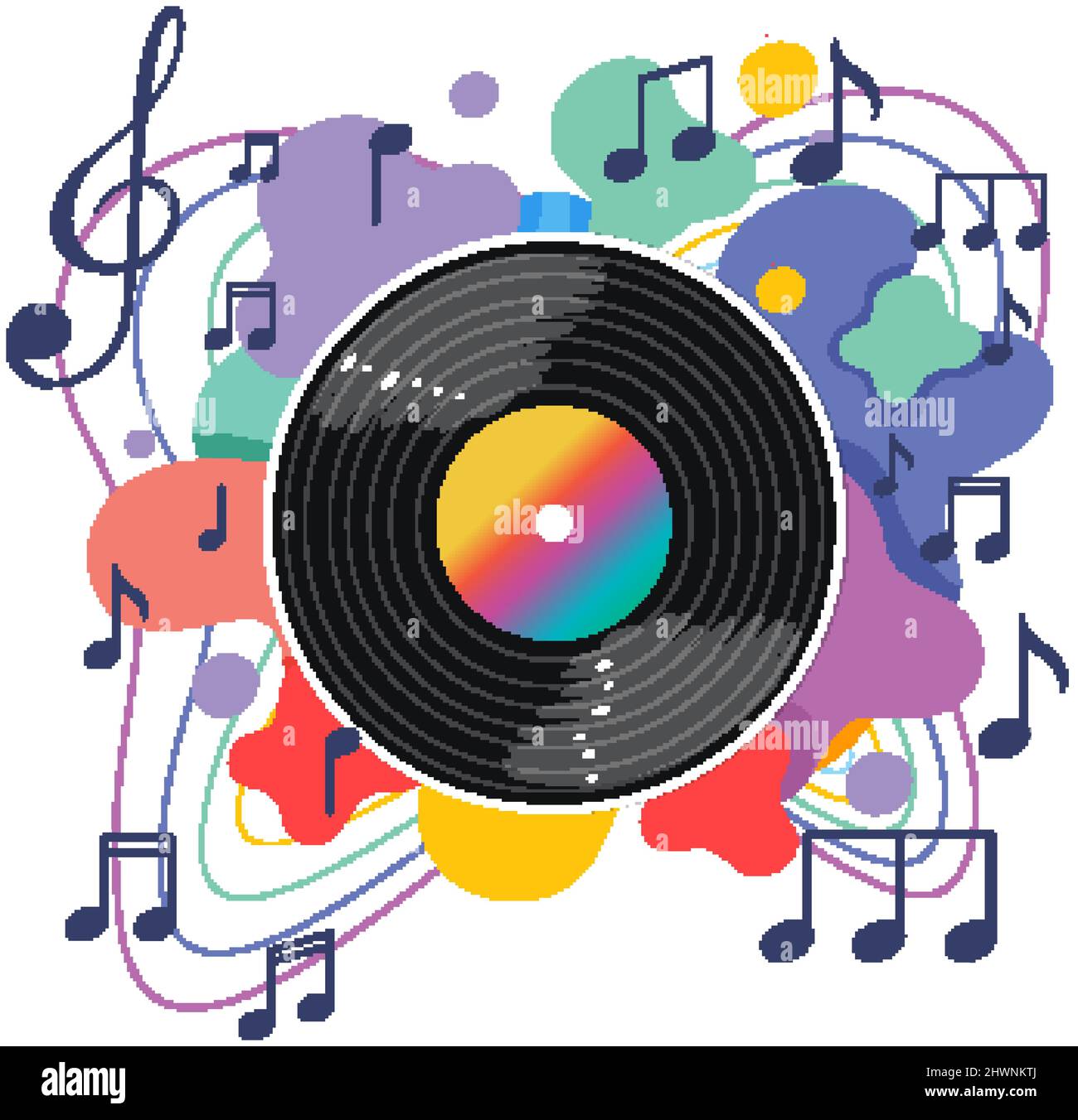 Music notes rainbow colourful with vinyl record on white background