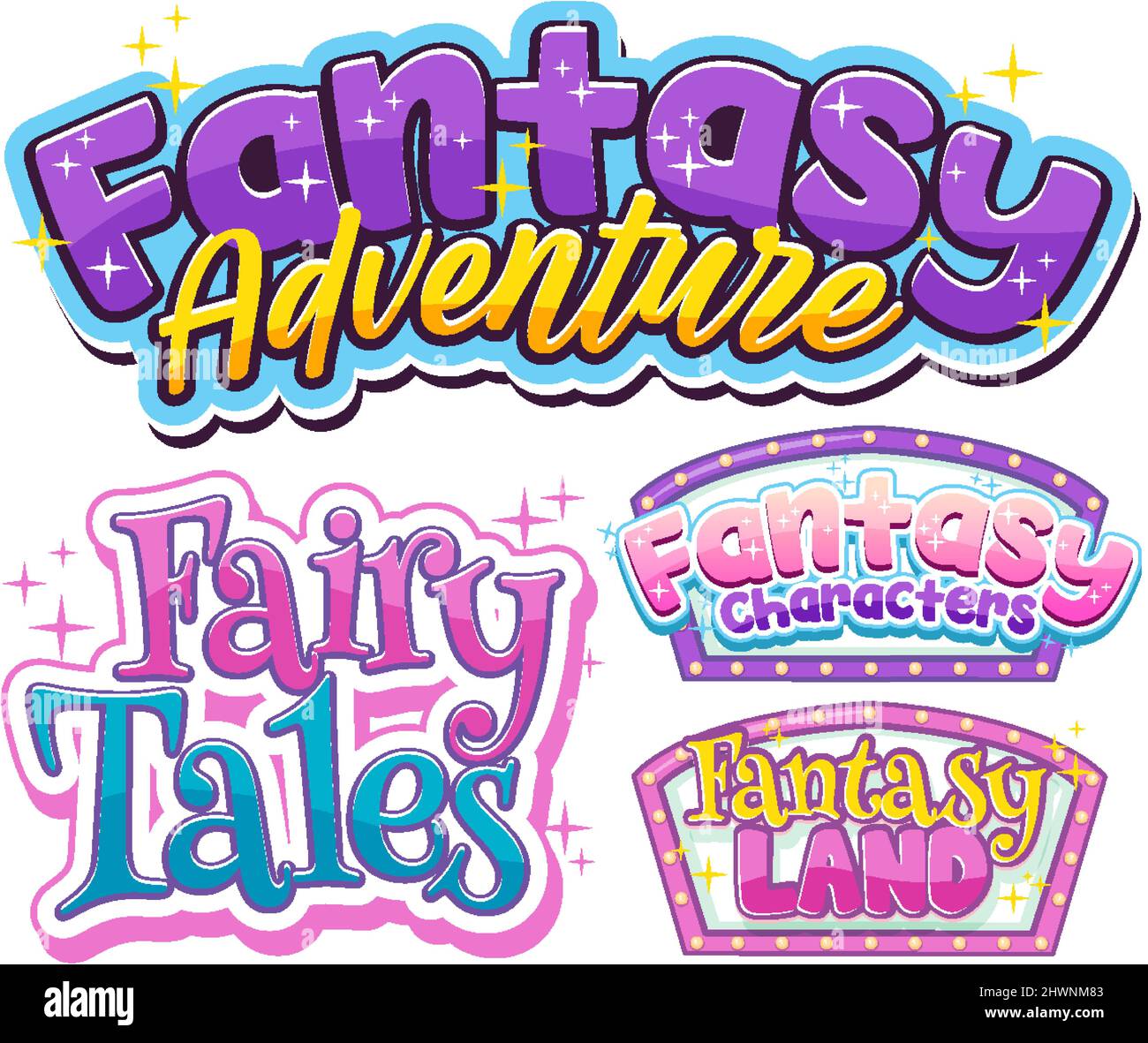 Set of fantasy fairy tales word banners illustration Stock Vector