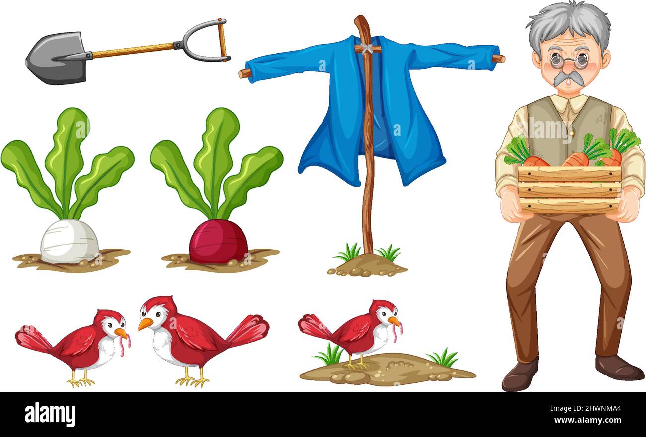 Set of farm objects and farmer cartoon character illustration Stock ...