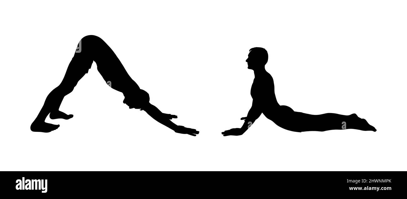 Yoga Downward Facing Dog Pose and Cobra poses. Man silhouettes practicing yoga. Vector illustration isolated on white background Stock Vector