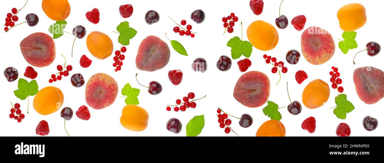 summer fruit banner.Peaches, cherries, apricots, red currants, raspberries and leaves isolated on white background.Fruit and berry banner. Summer Stock Photo