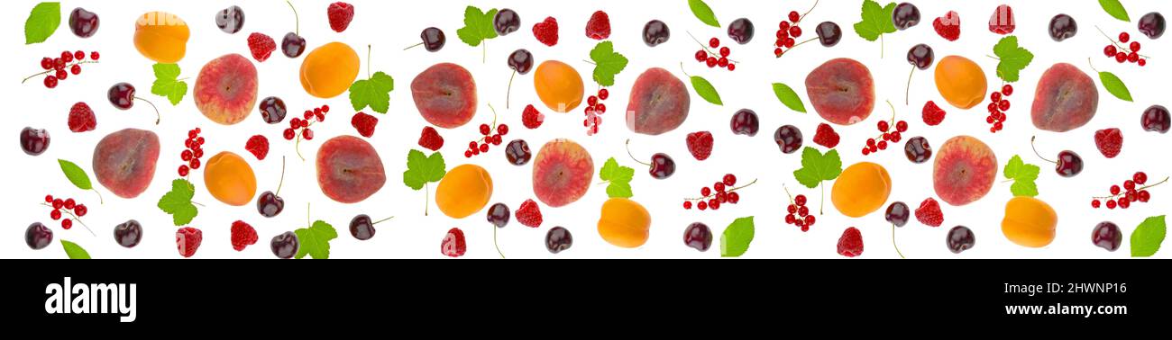 summer fruit banner.Peaches, cherries, apricots, red currants, raspberries and leaves isolated on white background.Fruit and berry banner. Summer Stock Photo